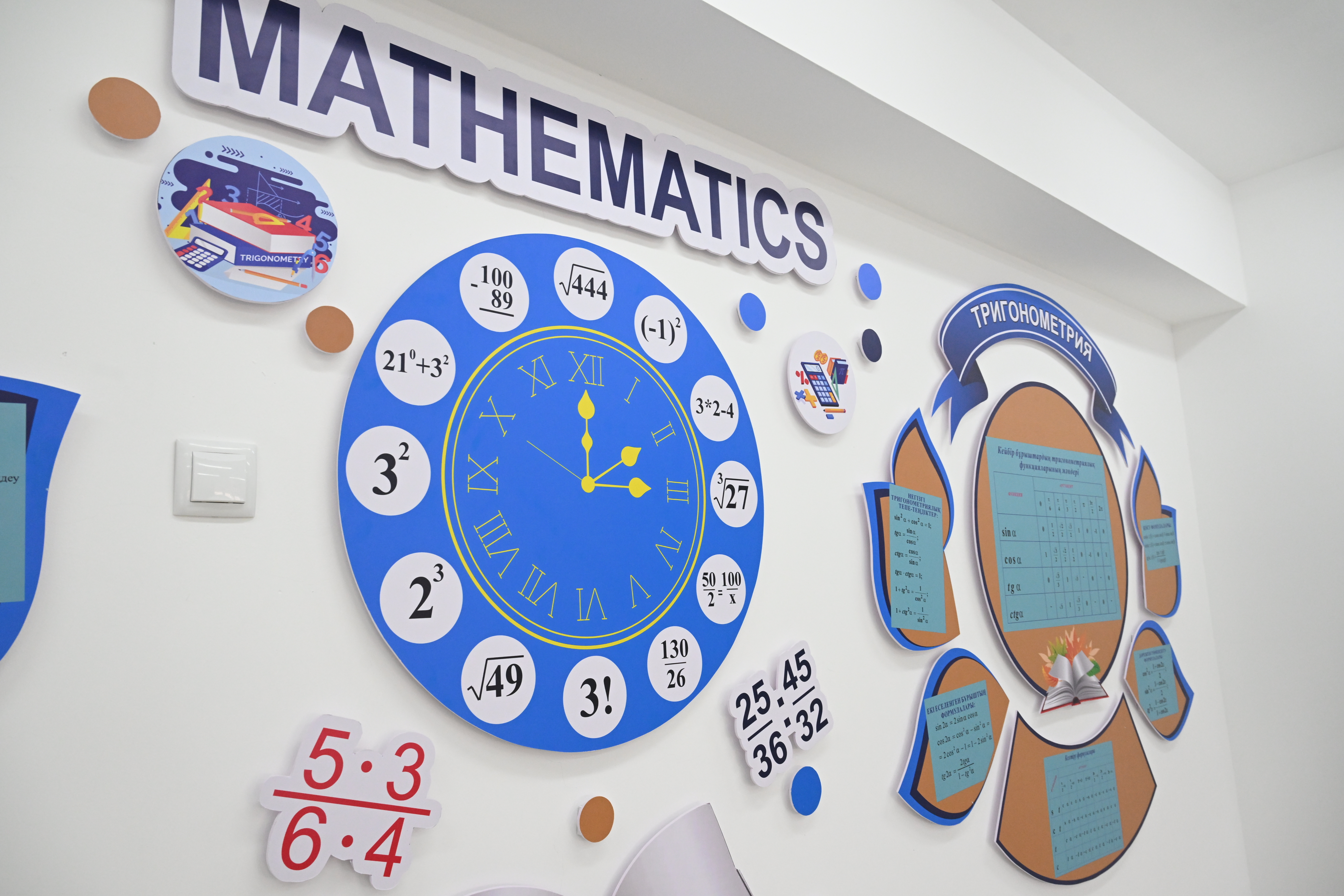 Математика кабинетіндегі «MATHEMATICS» жазуы және математикалық формулалары бар сағат бейнеленген қабырға әрлеуі.