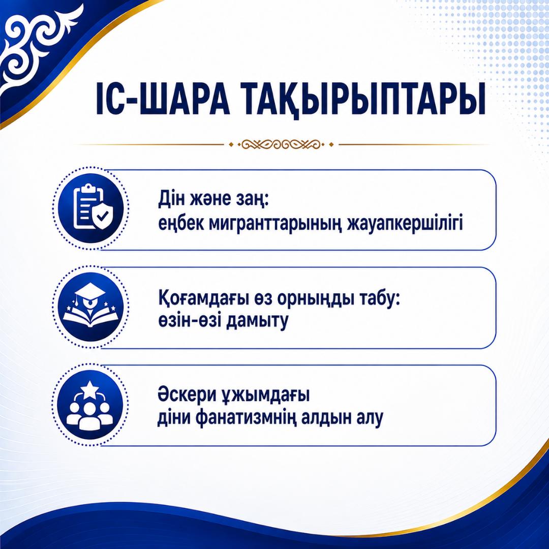 Іс-шара тақырыптары: діни сауаттылық, өзін-өзі дамыту және әскери ұжымдағы фанатизмнің алдын алу туралы ақпараттық сурет.