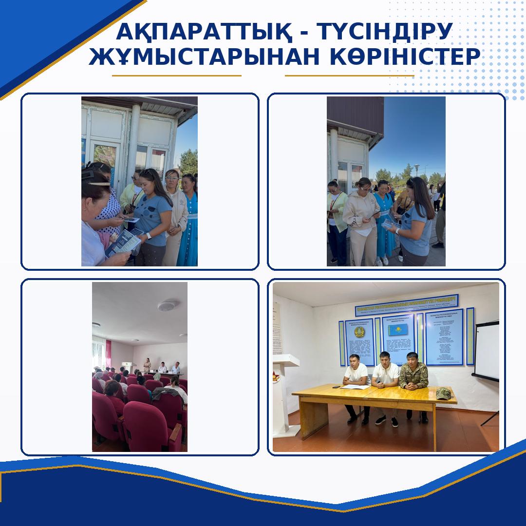 Ақпараттық-түсіндіру жұмыстарынан көріністер: кездесулер мен жиналыстардың коллажы.