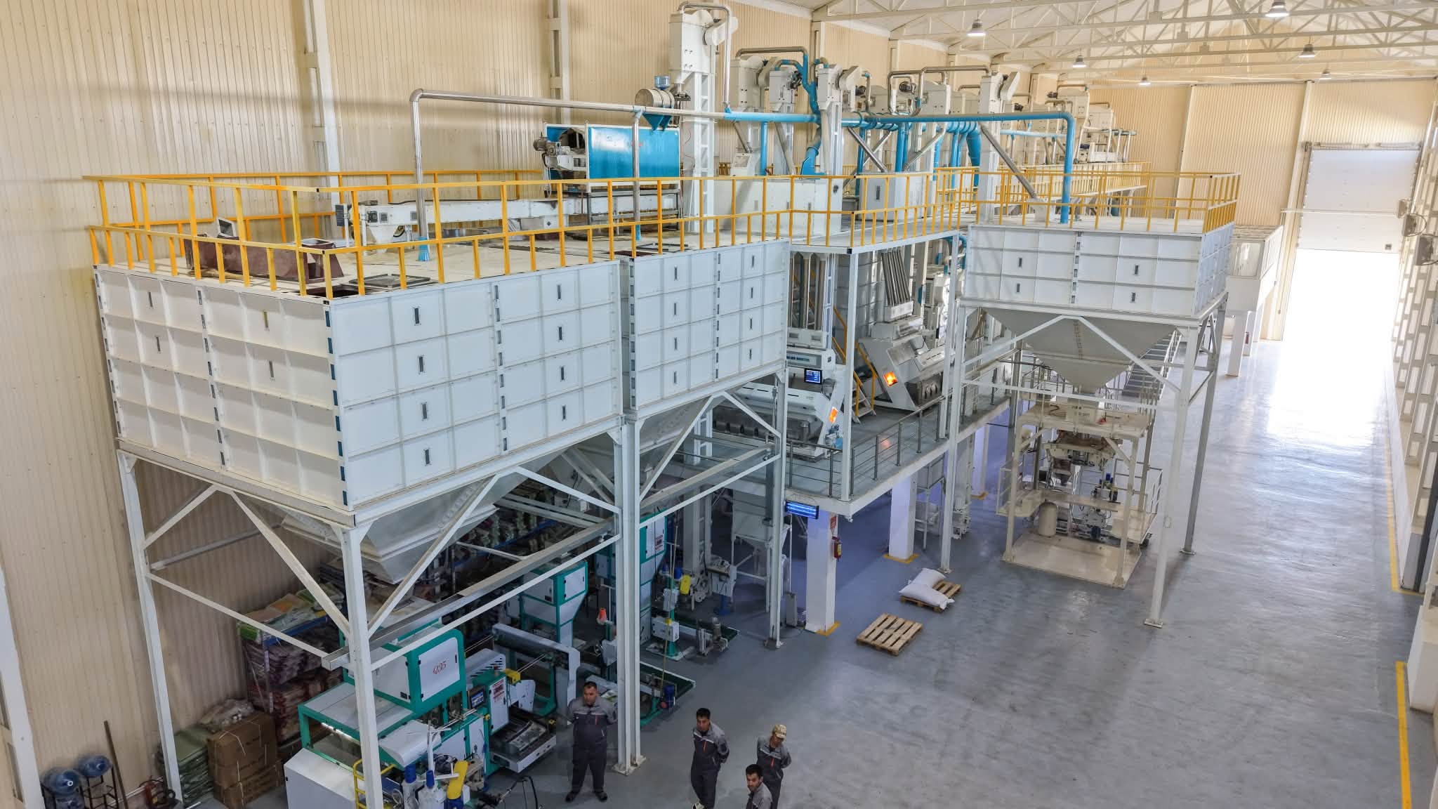 Өндірістік цехтегі заманауи автоматтандырылған өндіріс желісі және жұмысшылар.