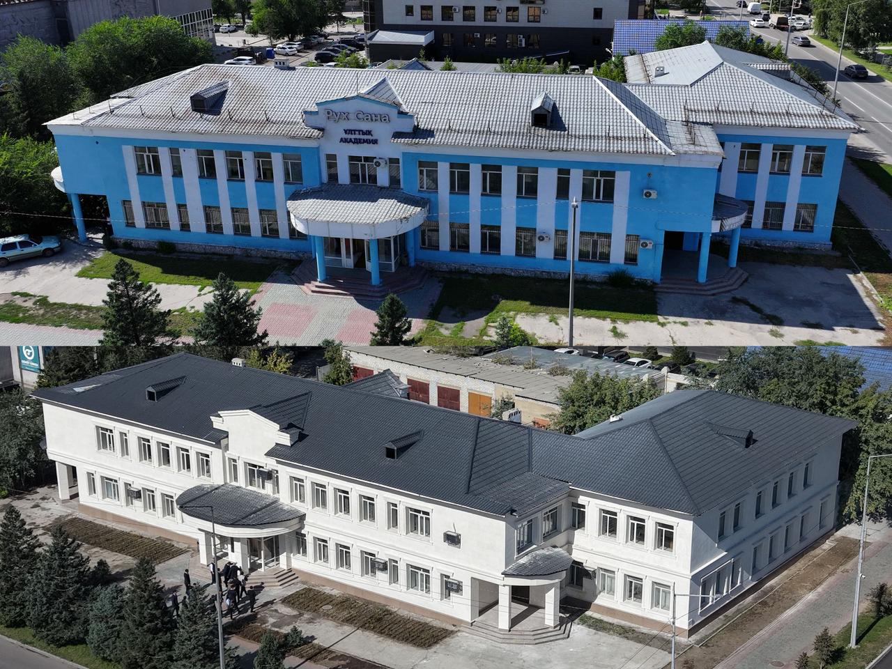 «Рух Санаи» академиясының көк және ақ түсті екі ғимаратының жоғарыдан көрінісі.