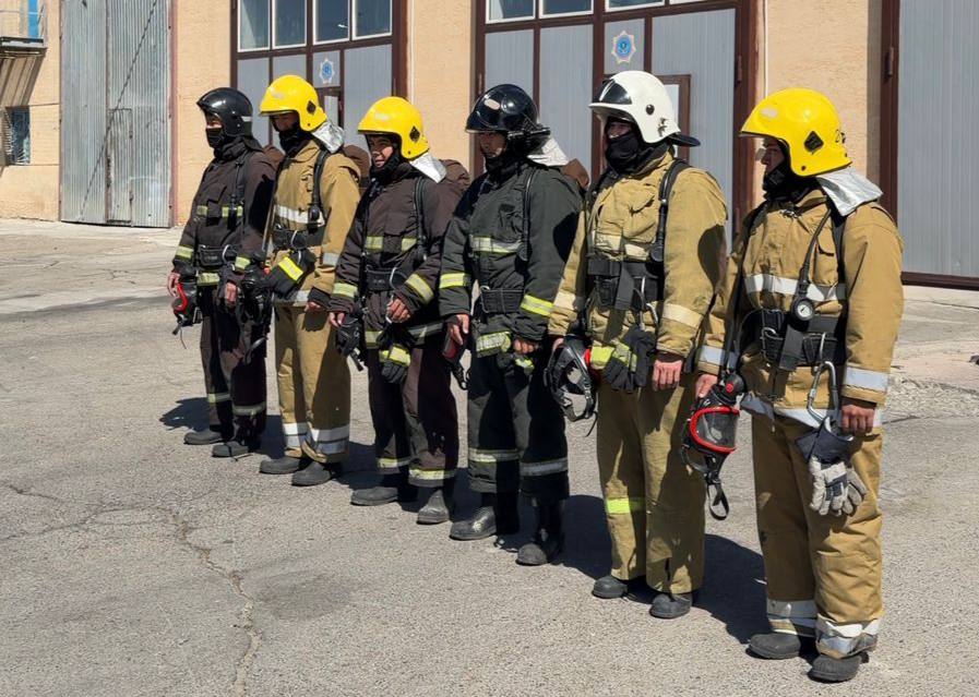 Арнайы киімі мен шлемдері бар тізіліп тұрған өрт сөндірушілер тобы.