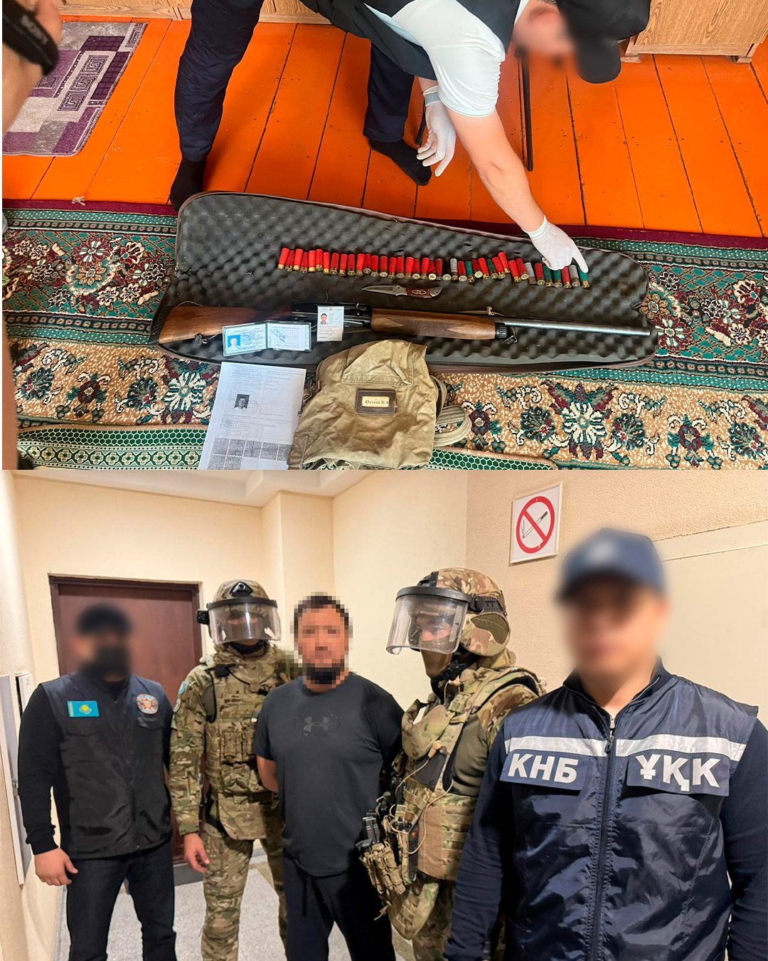 Құрылған құжаттар, мылтық пен патрондар және ұстауға алынған адам мен арнайы жасақ сарбаздары.